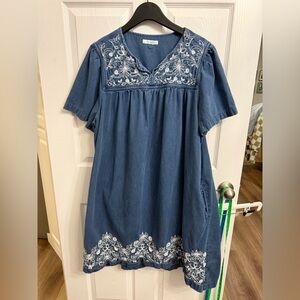Go Softly Patio Embroidered Denim Dress Cottagecore Boho Chambray Midi L Granny